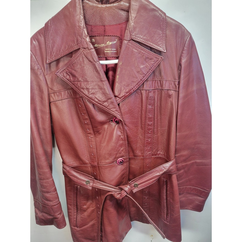 Vtg Etienne Aigner Leather retro Jacket Sz 14 Burgundy Belted Button Front